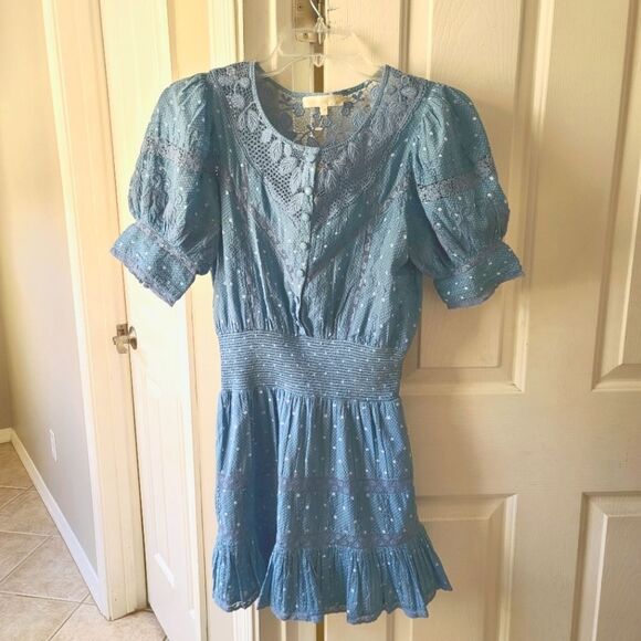 LoveShackFancy Jaislyn Blue Floral Lace Tiered Cotton Dress Size XS - Picture 3 of 11